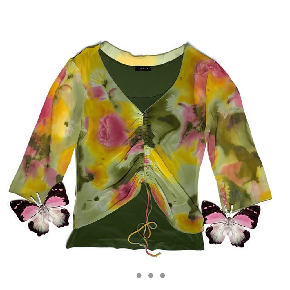 Mesh Green Pink Flower Scrunch Tie 90s Top